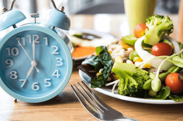 Ayuno intermitente imagen dle un reloj y plato saludable